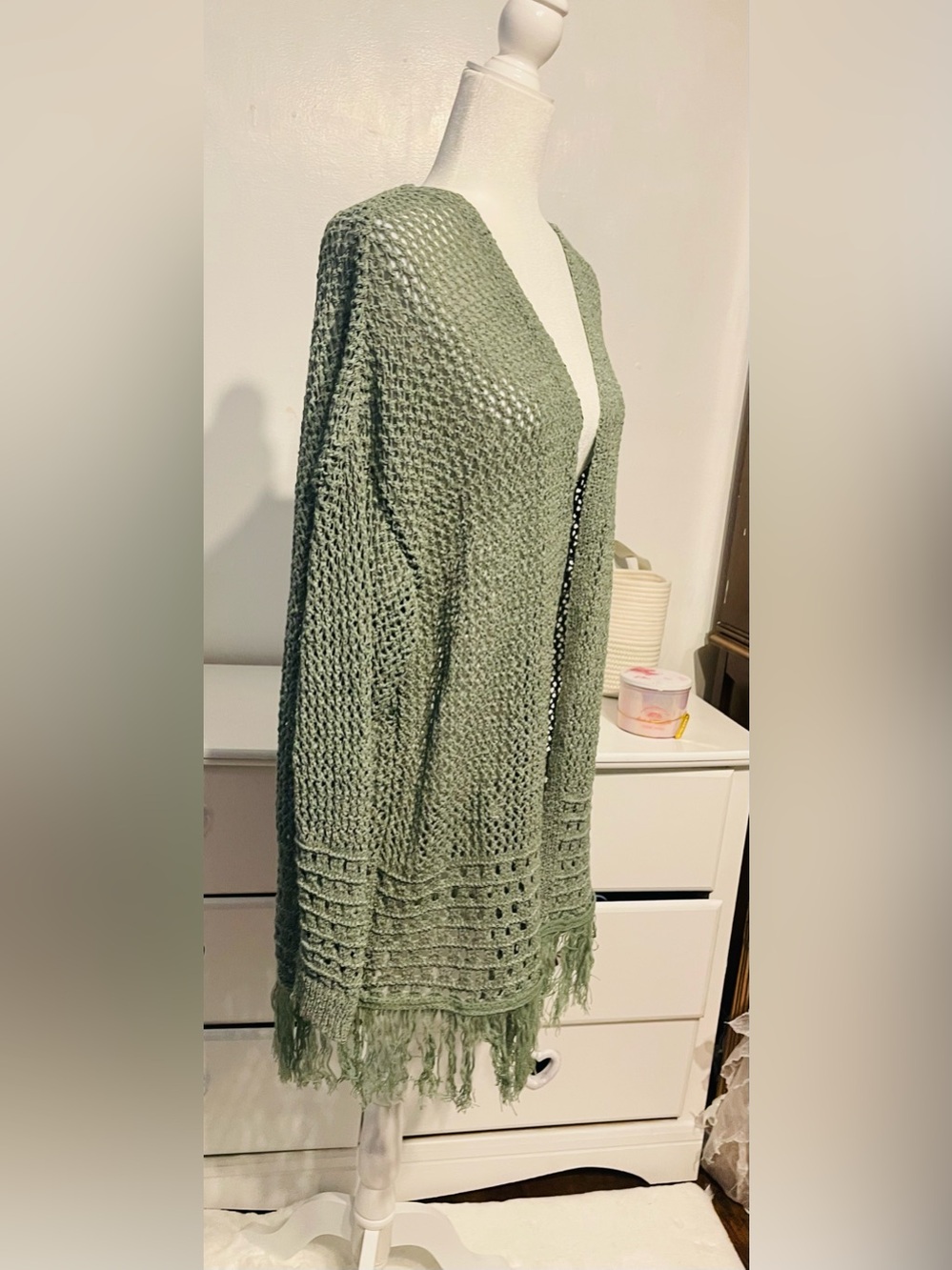 Audrey parks boho Lightweight Olive Green Crochet Fringe Cardigan Sweater L - Picture 5 of 14